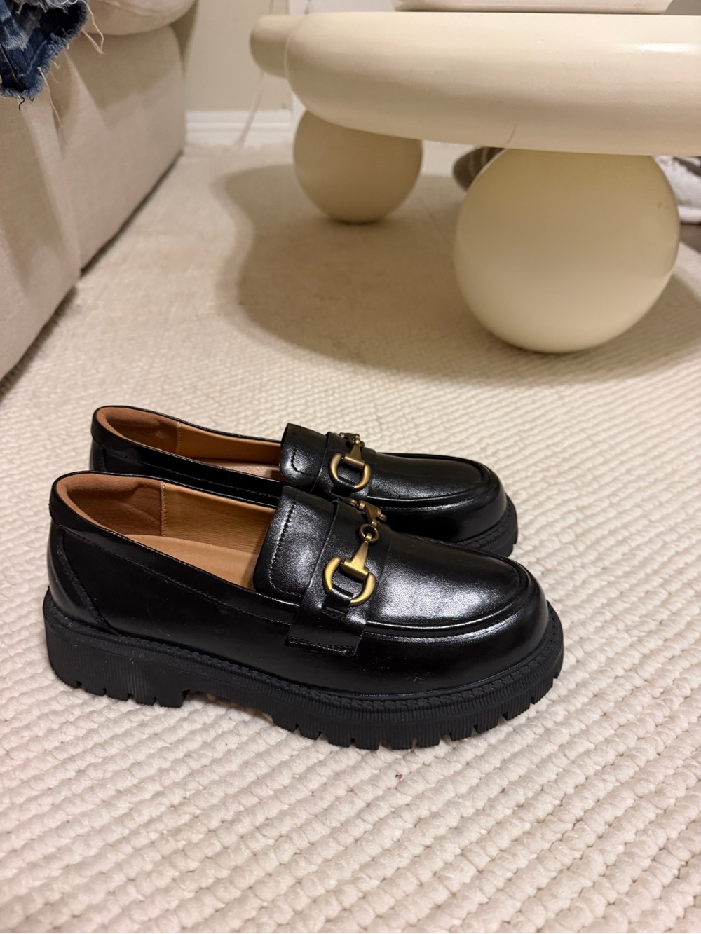 Black Leather Platform Loafers with Gold Bit Hardware